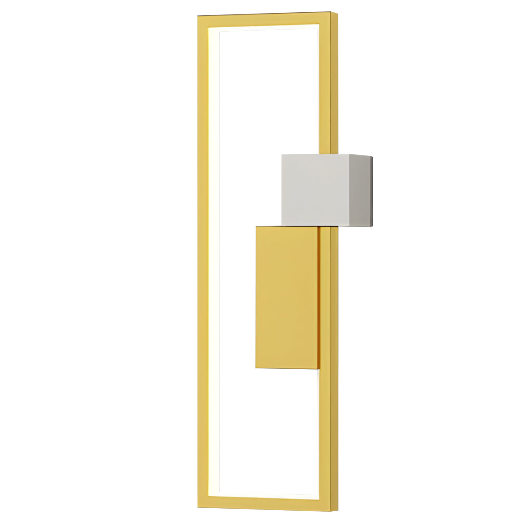 Geometric wall sconce light with technical view of its layered structure.