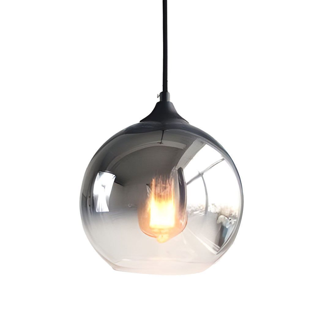Glass round pendant light ceiling canopy detail in brushed metal finish.