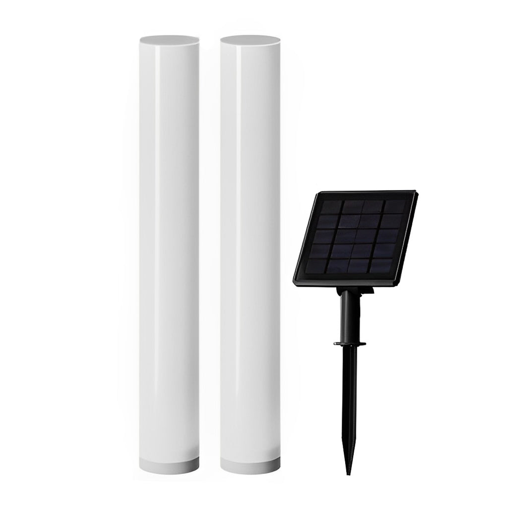 Glowing pillar light with close-up of the base and installation.