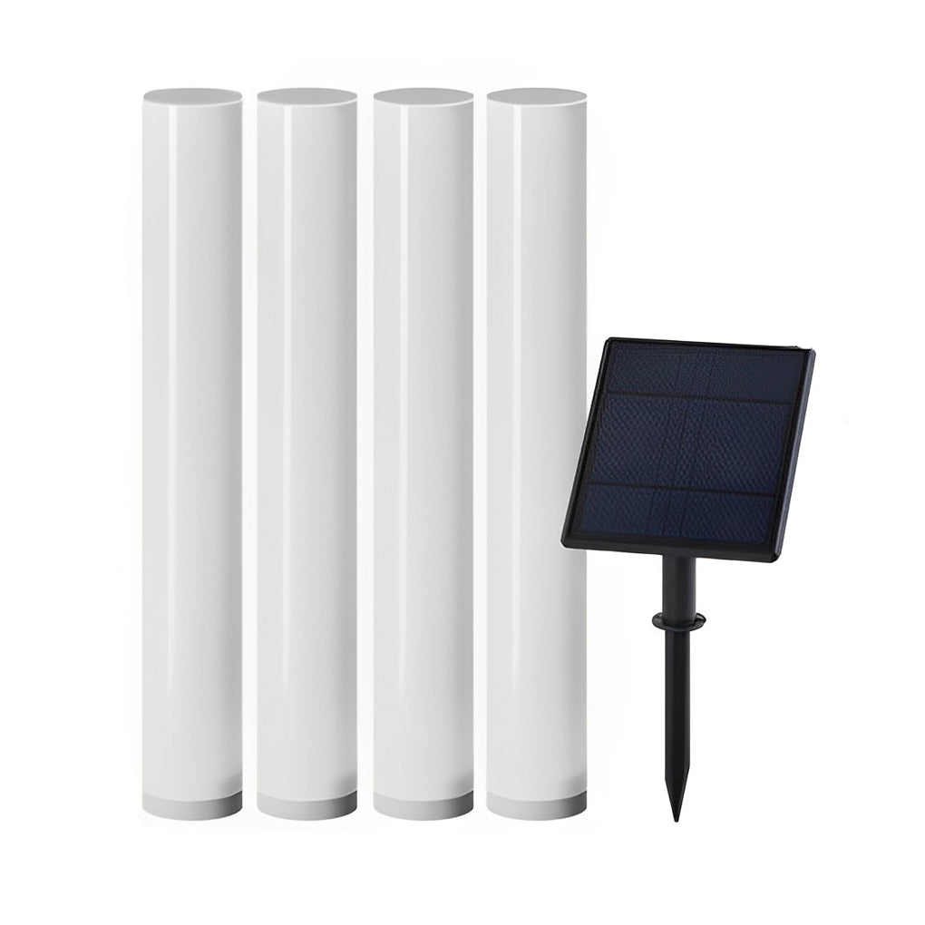Glowing pillar light with technical view of the solar panel attachment.
