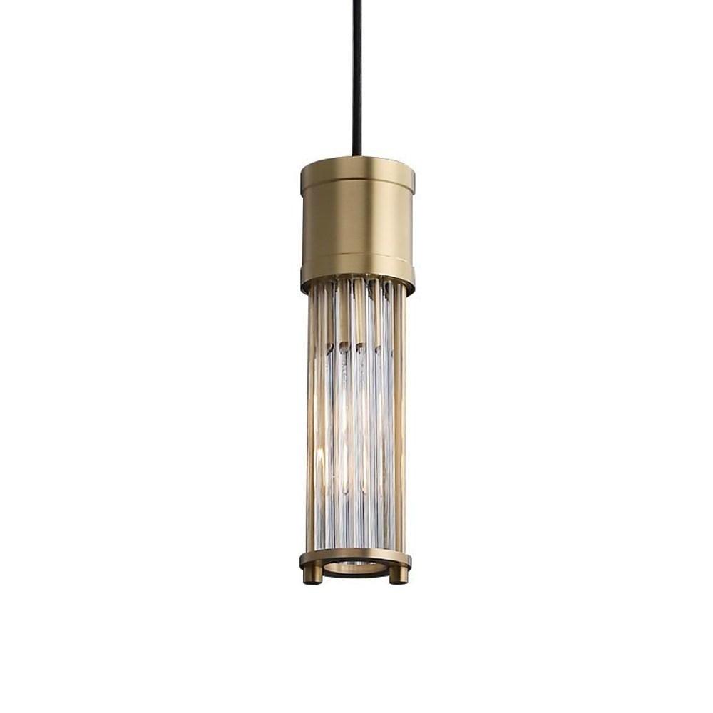 Gold cylinder pendant light product image on white background.