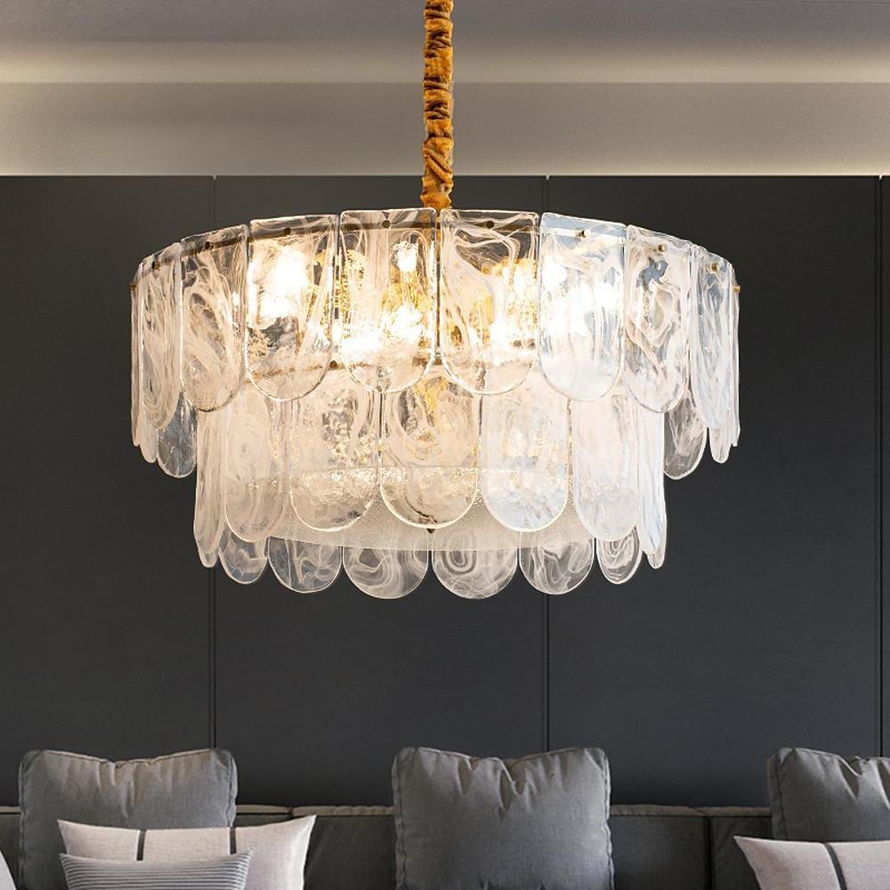 Sophisticated glass drum chandelier in gold finish with precise tiered scalloped glass arrangement.