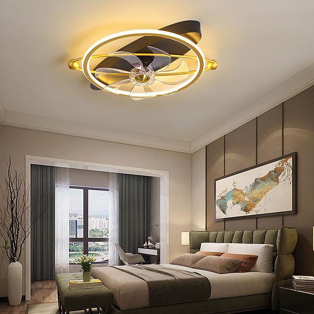 Gold Flush Mount Industrial Ceiling Fans with Remote and LED Lights - Dazuma