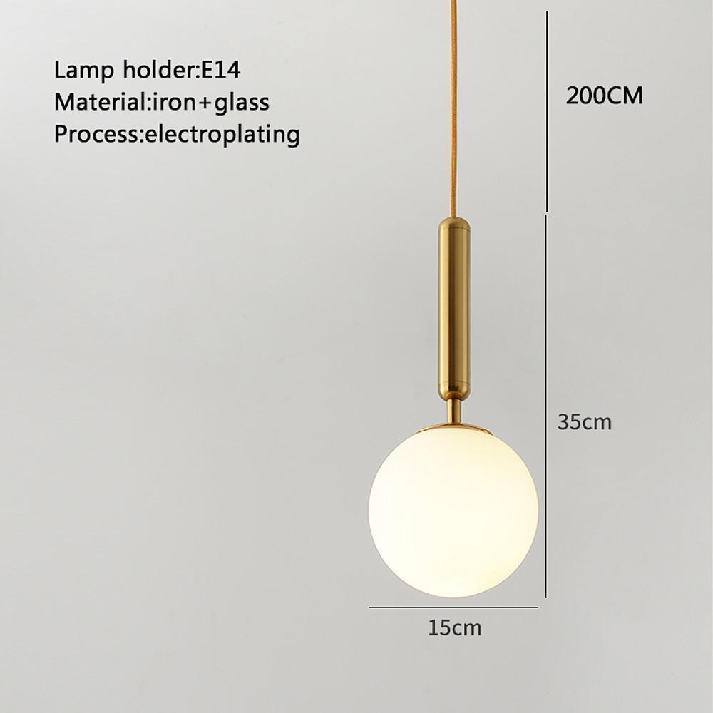 Gold frosted globe pendant light dimensions showing 15cm glass ball and 200cm adjustable cable.