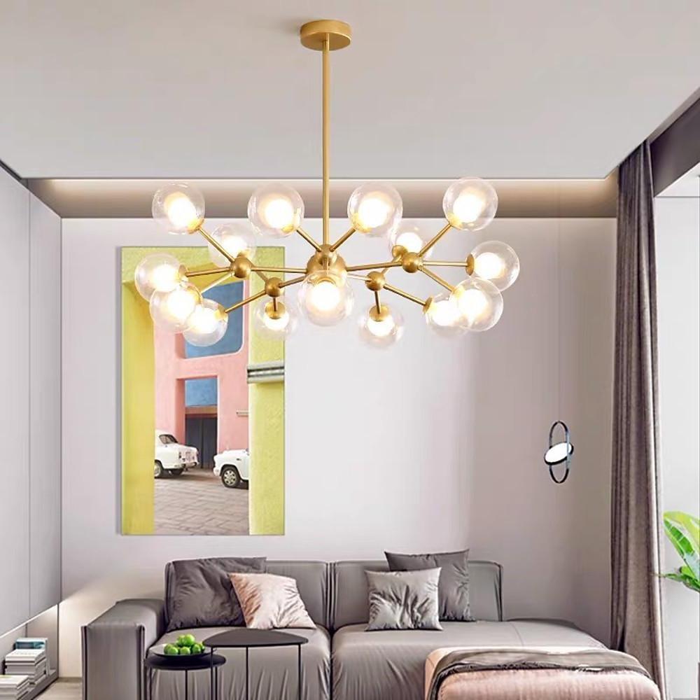 Cozy bedroom design featuring a warm gold glass sputnik light with decorative spherical bulbs.