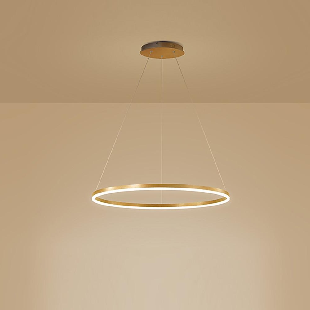 White LED ring chandelier displayed against a yellow backdrop with minimal suspension cables.