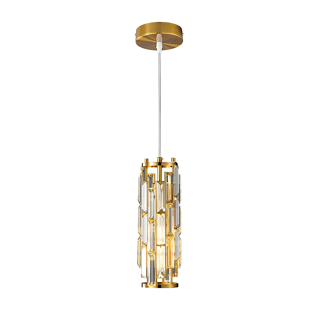 Gold mini crystal pendant light product image with cylindrical crystal shade.