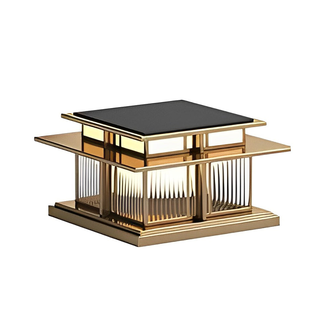 Modern square pillar light shown in gold finish with clear vertical glass panels.