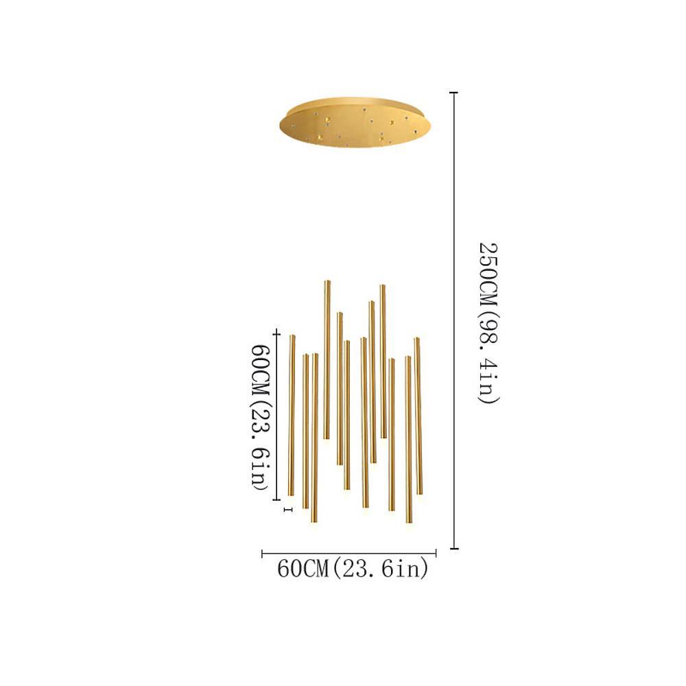 Gold staircase chandelier size chart showing 250cm height and 98.4 inch adjustable cable info.