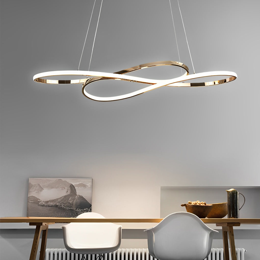 LED infinity chandelier with golden finish illuminating modern dining space.