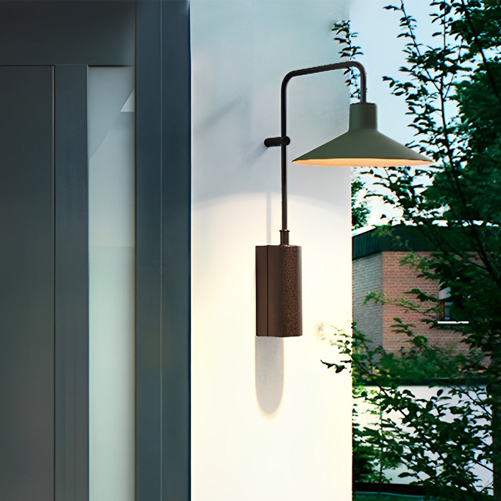 Gooseneck wall lamp installed on a minimalist exterior wall, blending industrial style with architectural lighting.