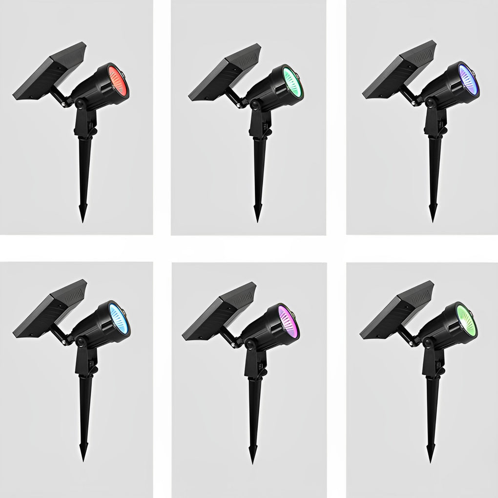 Product display showing multiple ground spike solar lights with adjustable heads and color light options.
