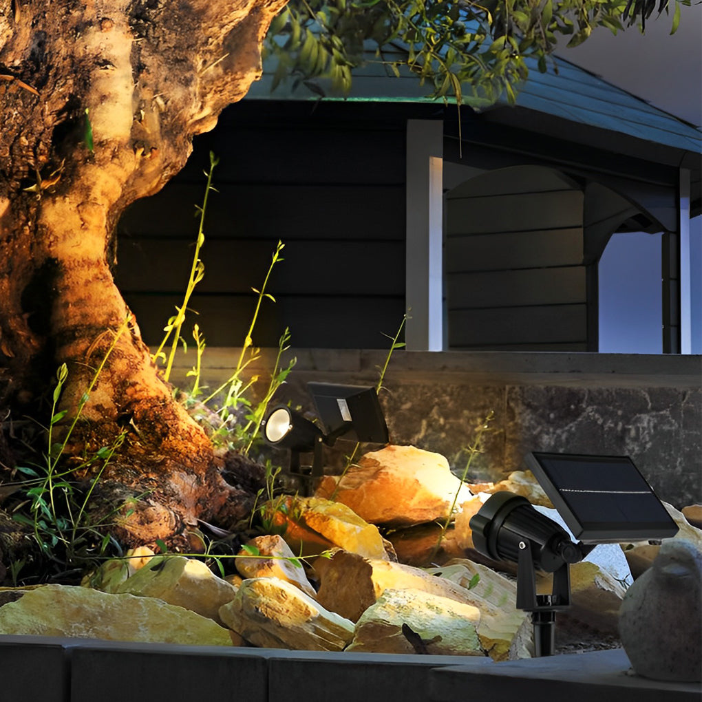 Ground spike solar lights focused on rocks and a tree base, adding depth to a modern outdoor garden.