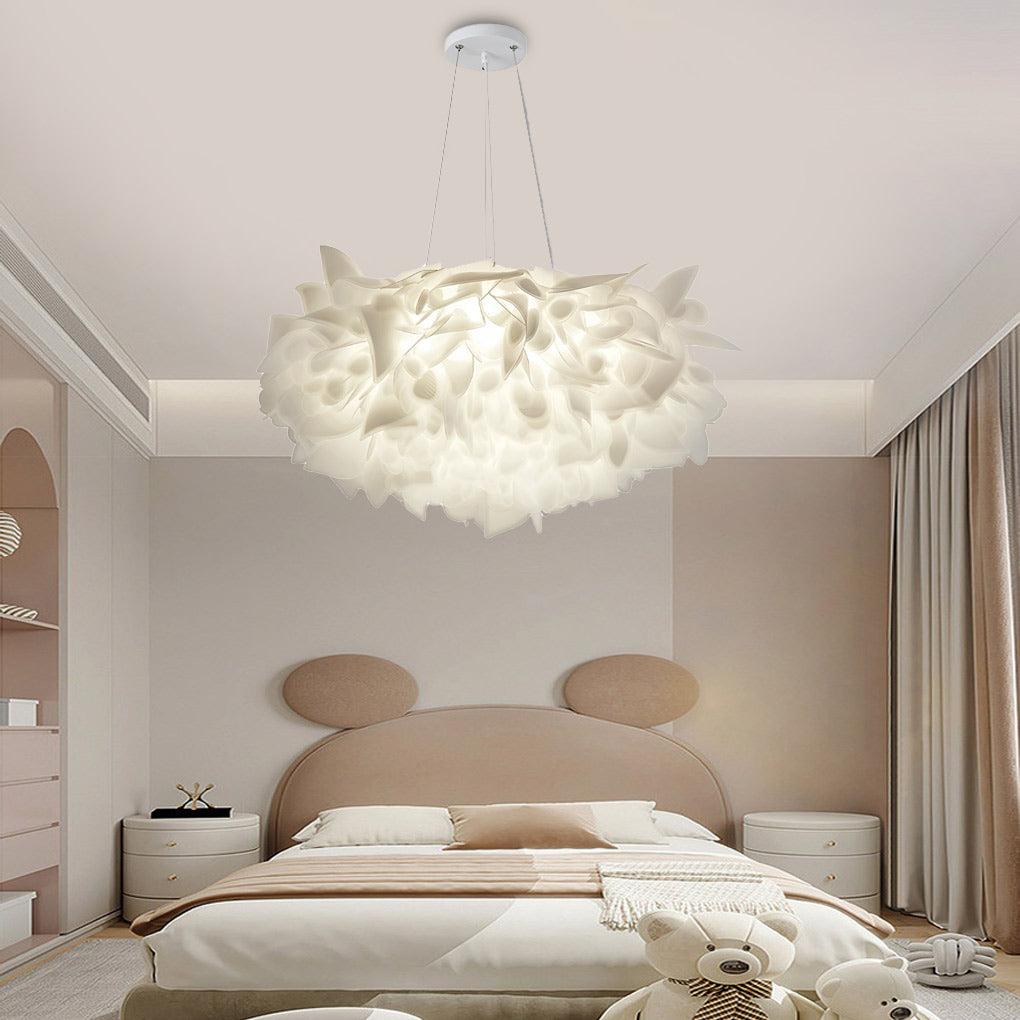 Hanging petal light in a bedroom with a view, offering a warm and cozy ambiance.