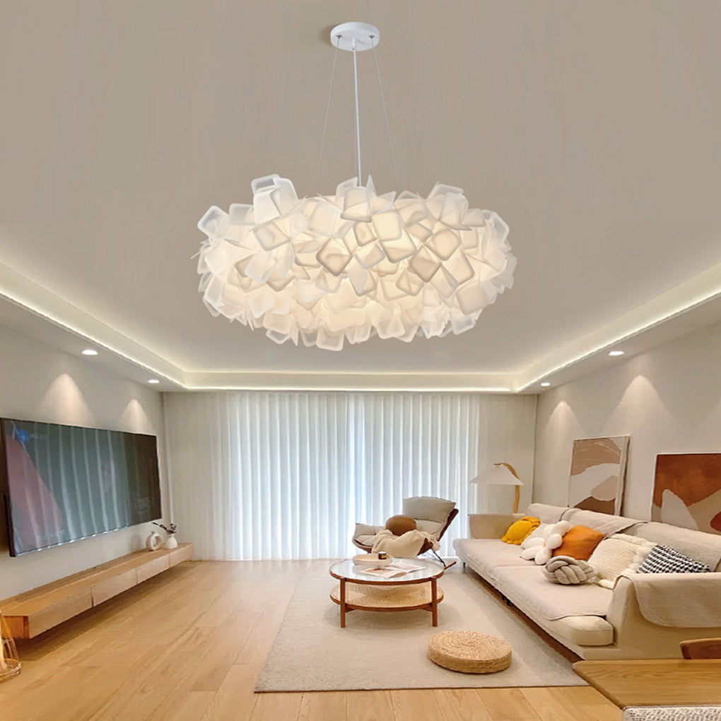 Hanging petal light fixture with a unique floral design, installed in a contemporary living room.