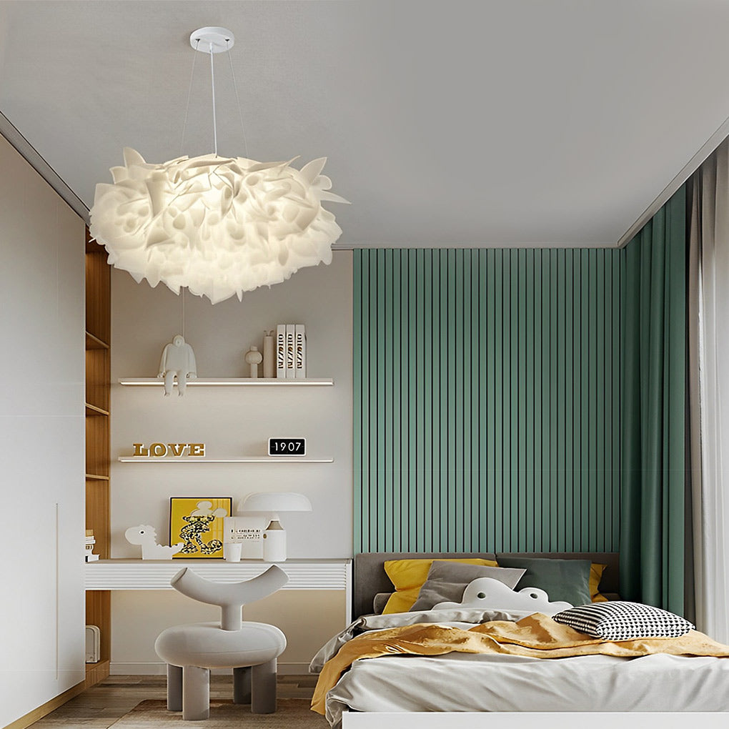 Hanging petal light casting a gentle glow in a stylish bedroom with modern decor.