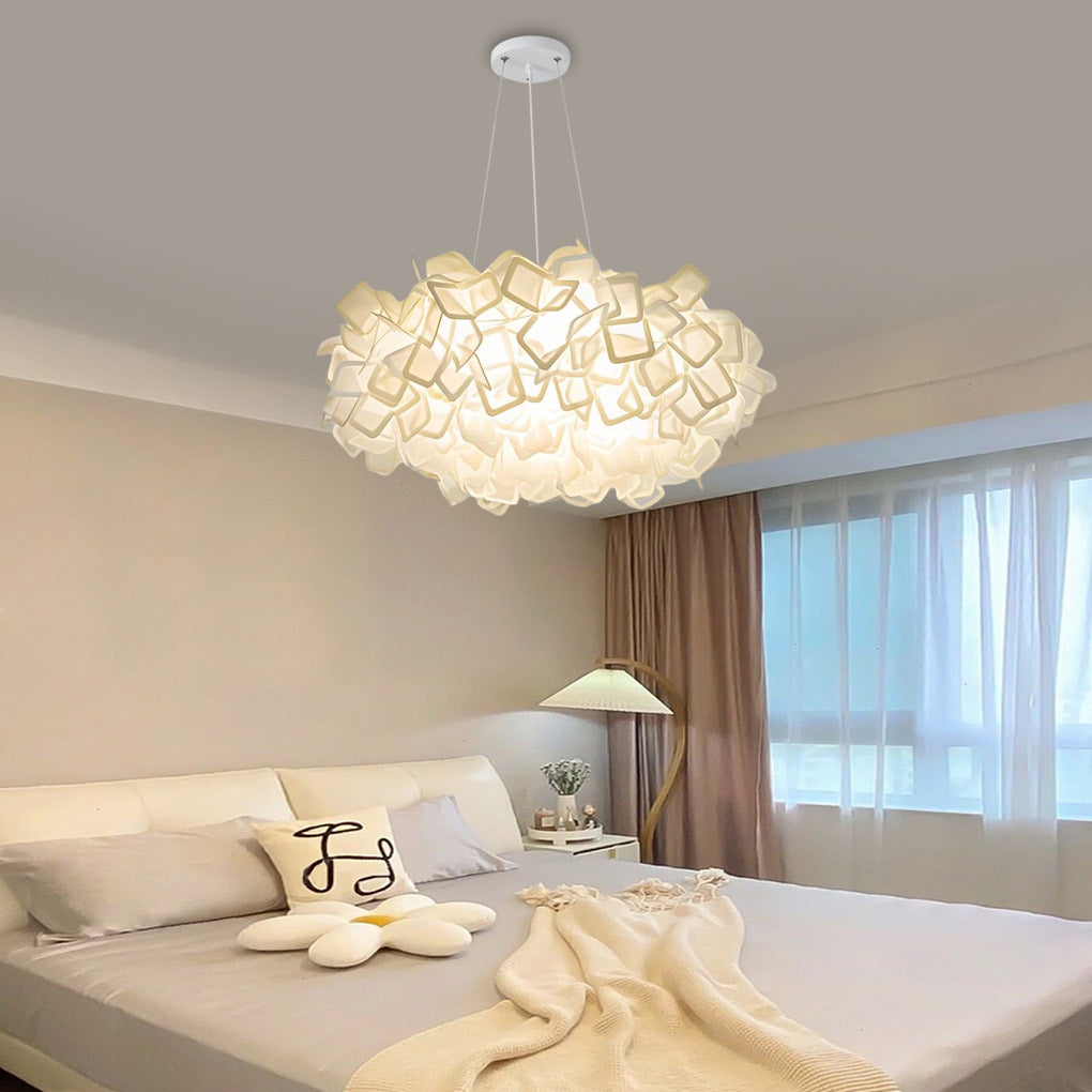 Hanging petal light fixture in a spacious bedroom, highlighting its elegant and artistic design.