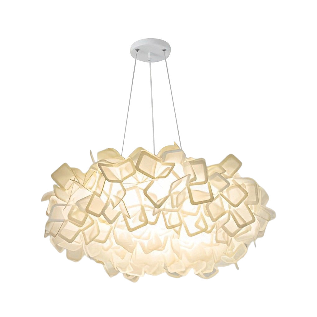 Technical diagram showing dimensions and structure of a hanging petal light fixture.