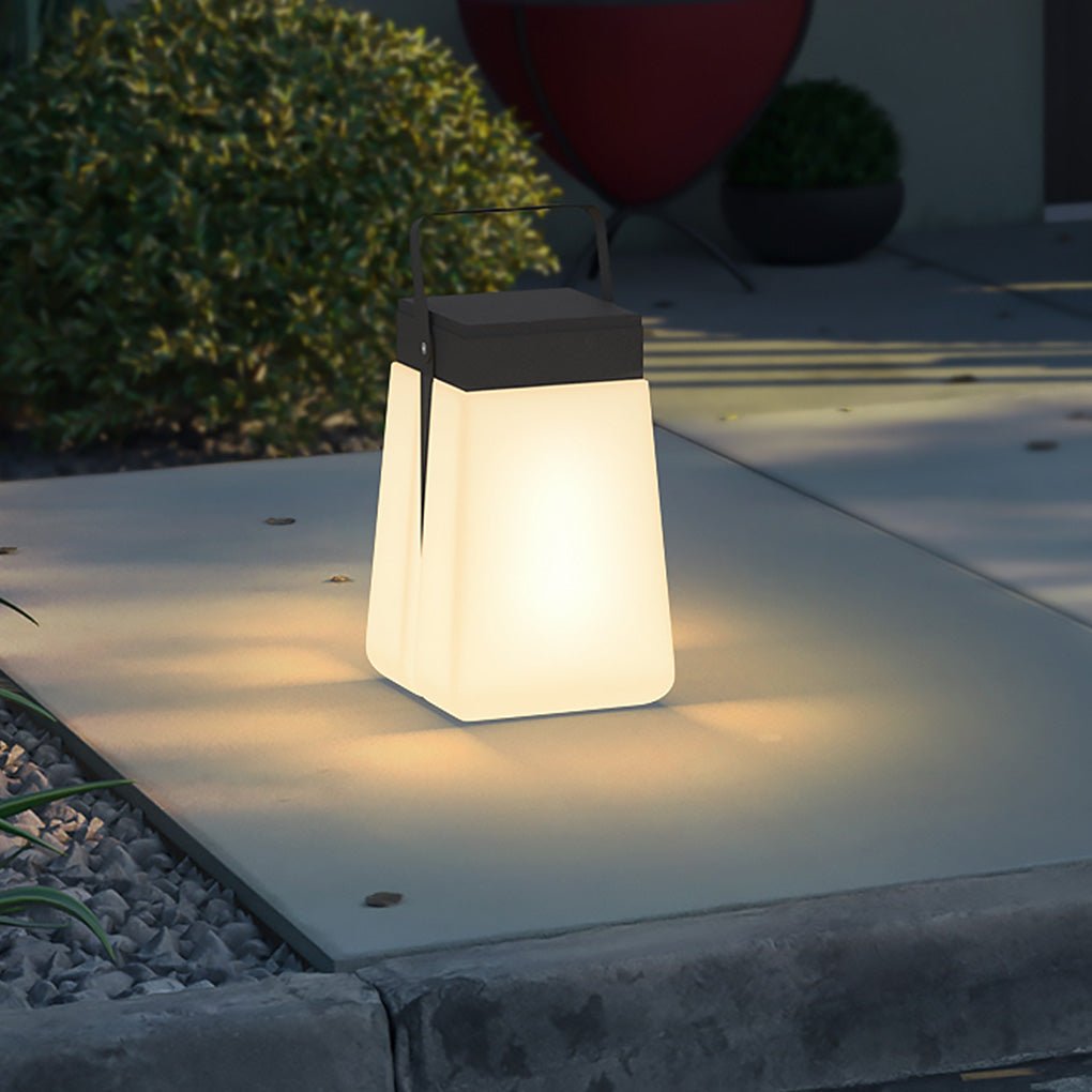 Single hanging solar lantern lights positioned on a garden walkway, offering soft illumination and modern design appeal.