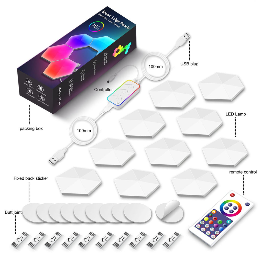 Hexagon LED wall lights full accessory set showing modular panels, cables, connectors, and remote.