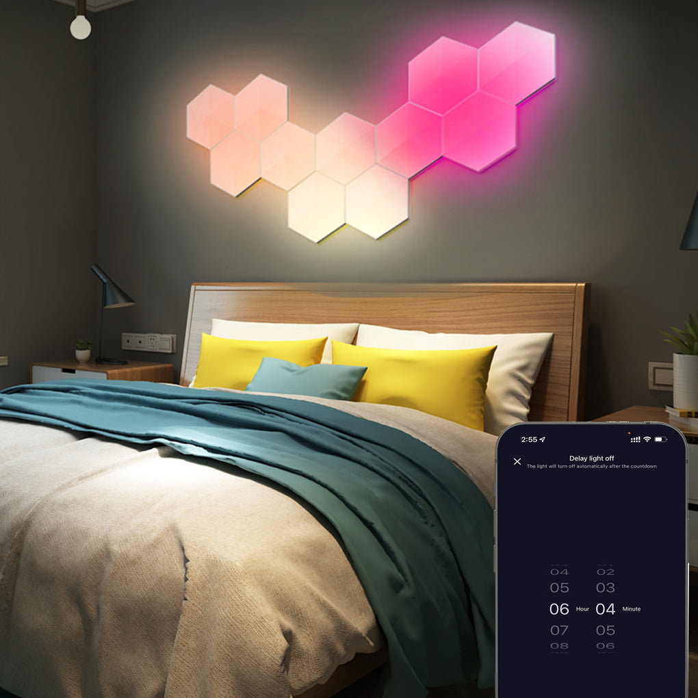 Hexagon LED wall lights placed above a bed, providing soft ambient lighting for a modern bedroom interior.