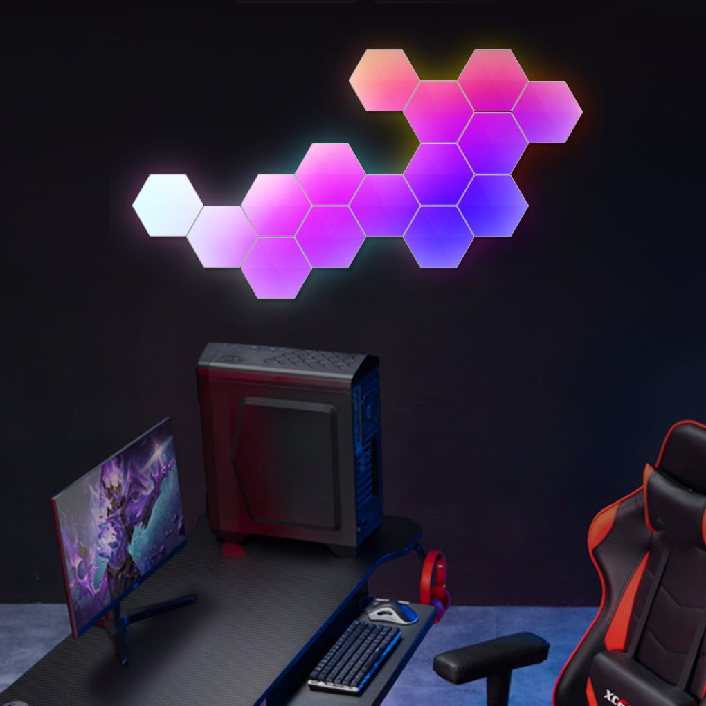 Hexagon LED wall lights used as gaming room decor, enhancing atmosphere with vibrant RGB lighting effects.