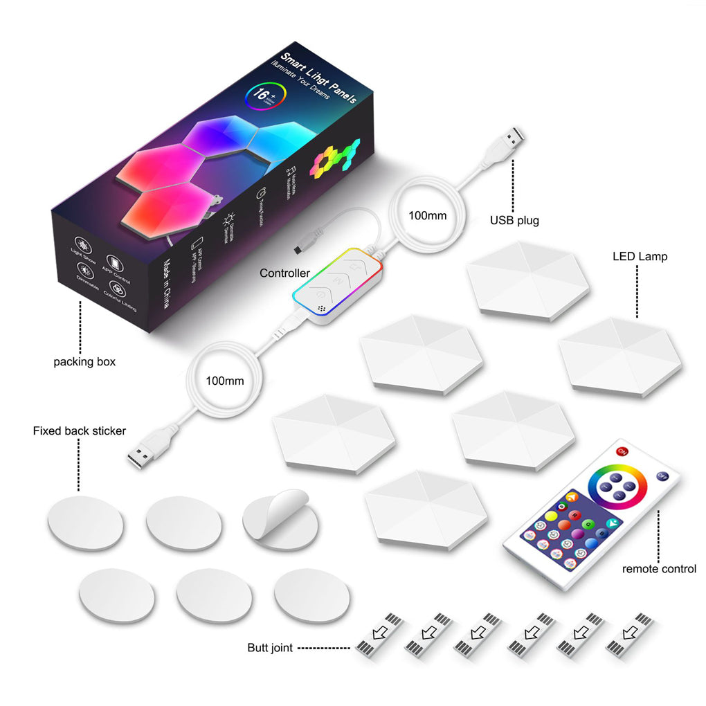 Hexagon LED wall lights kit packaging with panels, controller, power supply, and remote control included.