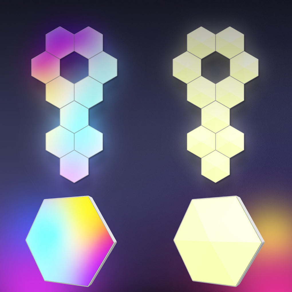 Hexagon LED wall lights arranged in multiple patterns, demonstrating modular shapes and color variations.