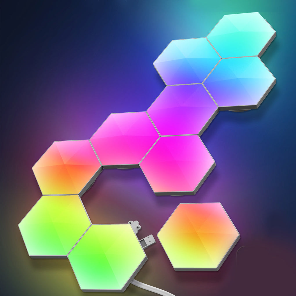 Hexagon LED wall lights close-up showing vivid RGB colors and seamless modular connection design.