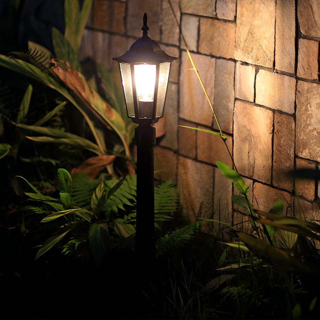 Hexagon path light illuminating a minimalist outdoor garden with focused glow.
