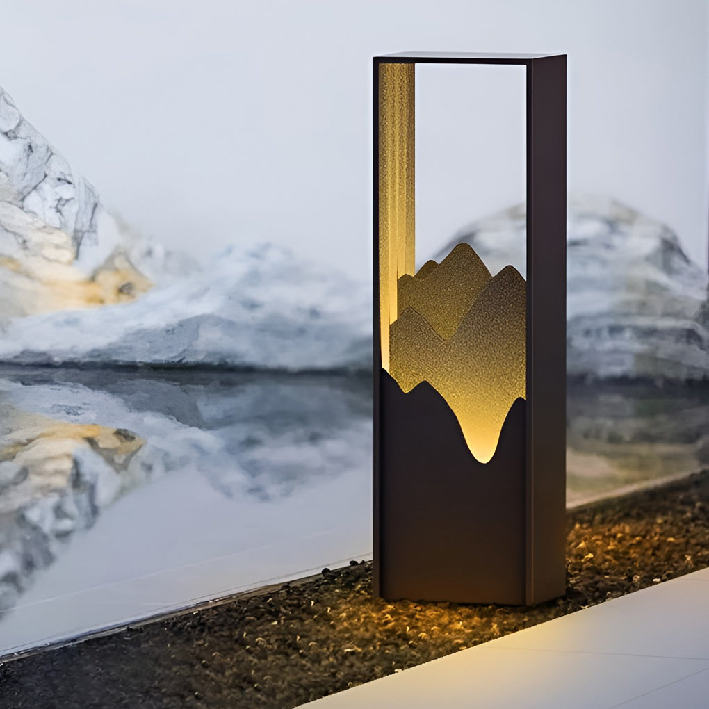 Hollow lawn lamp enhancing a stylish outdoor area with warm light.