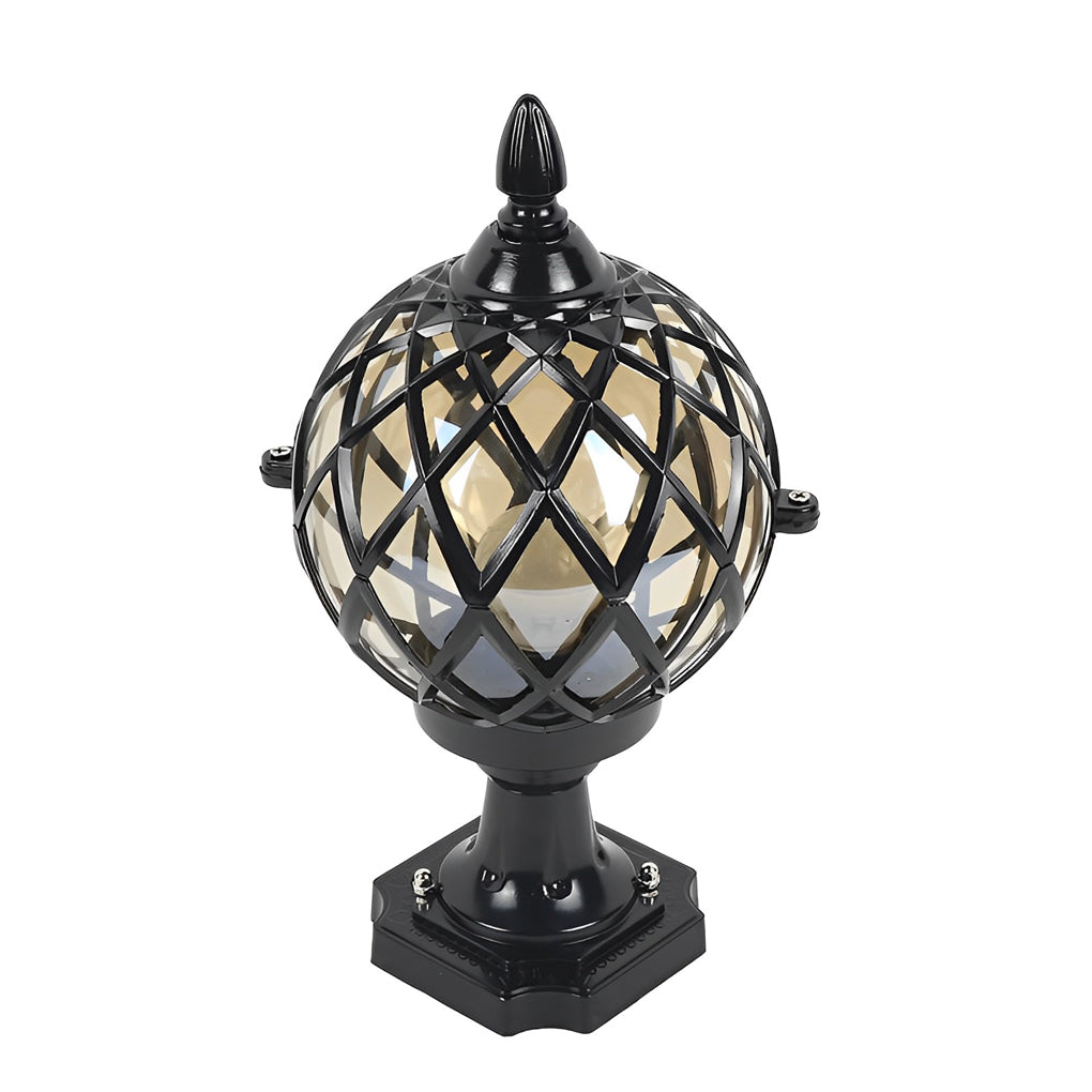 Home pillar light in black with a gold lattice sphere, displayed on a white surface for a clear view of its structure.