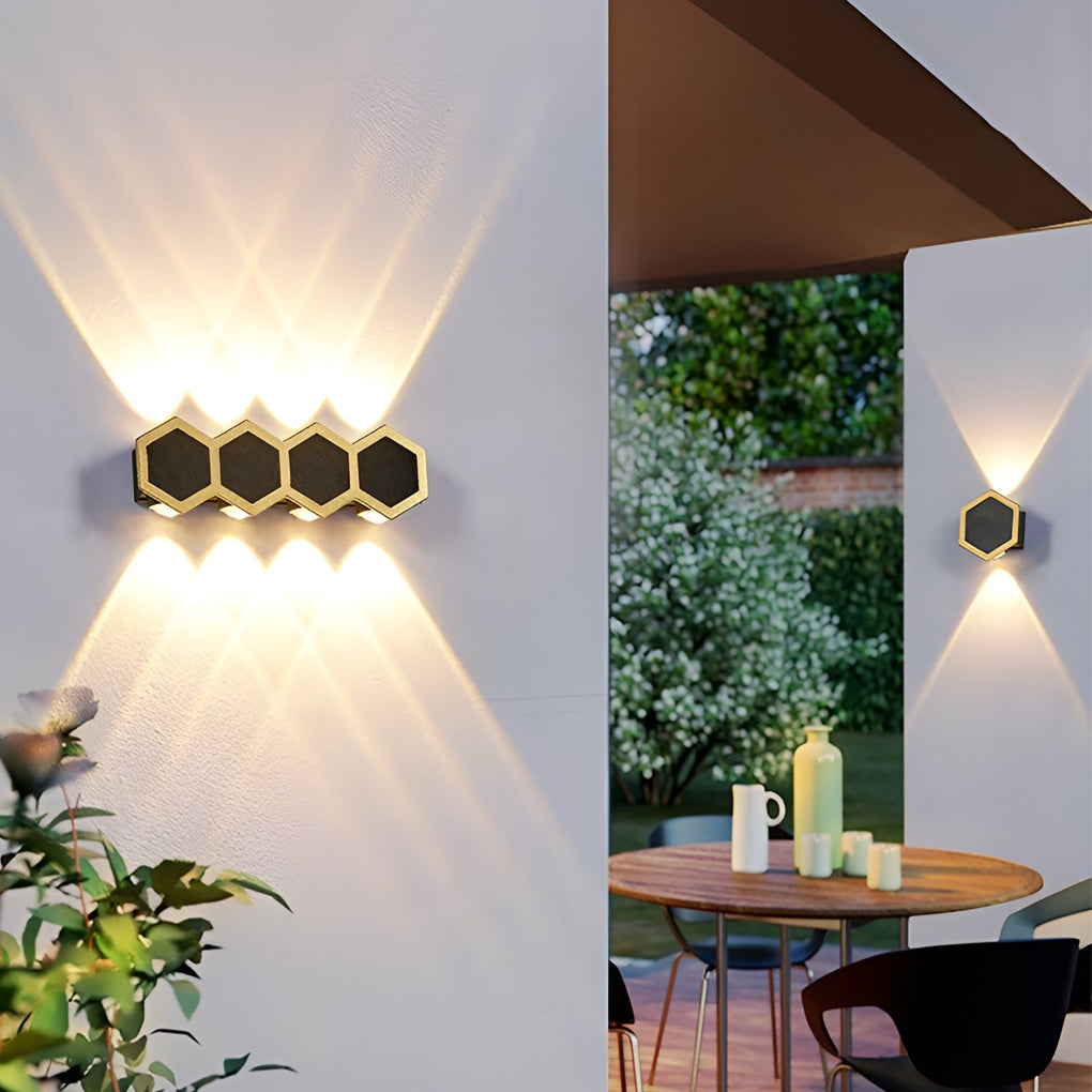Honeycomb LED lights wall with close-up of its hexagonal design and light output.
