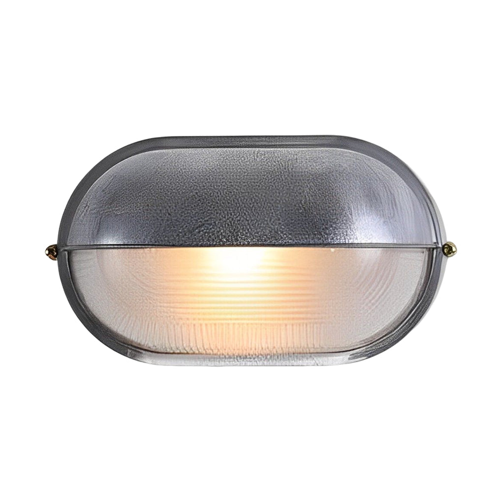 Horizontal oval bulkhead light with ribbed diffuser displayed on a white background.
