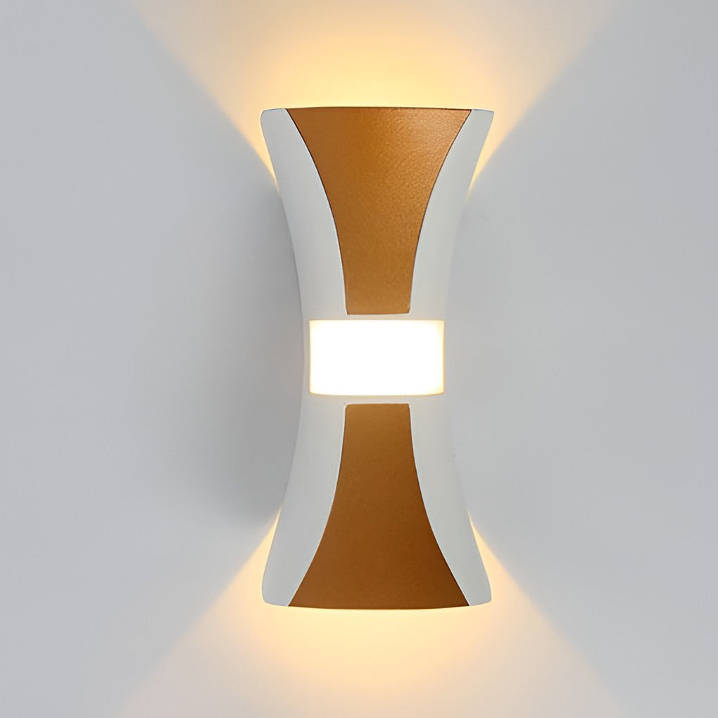 Hourglass wall light with close-up of its sleek design and light output.