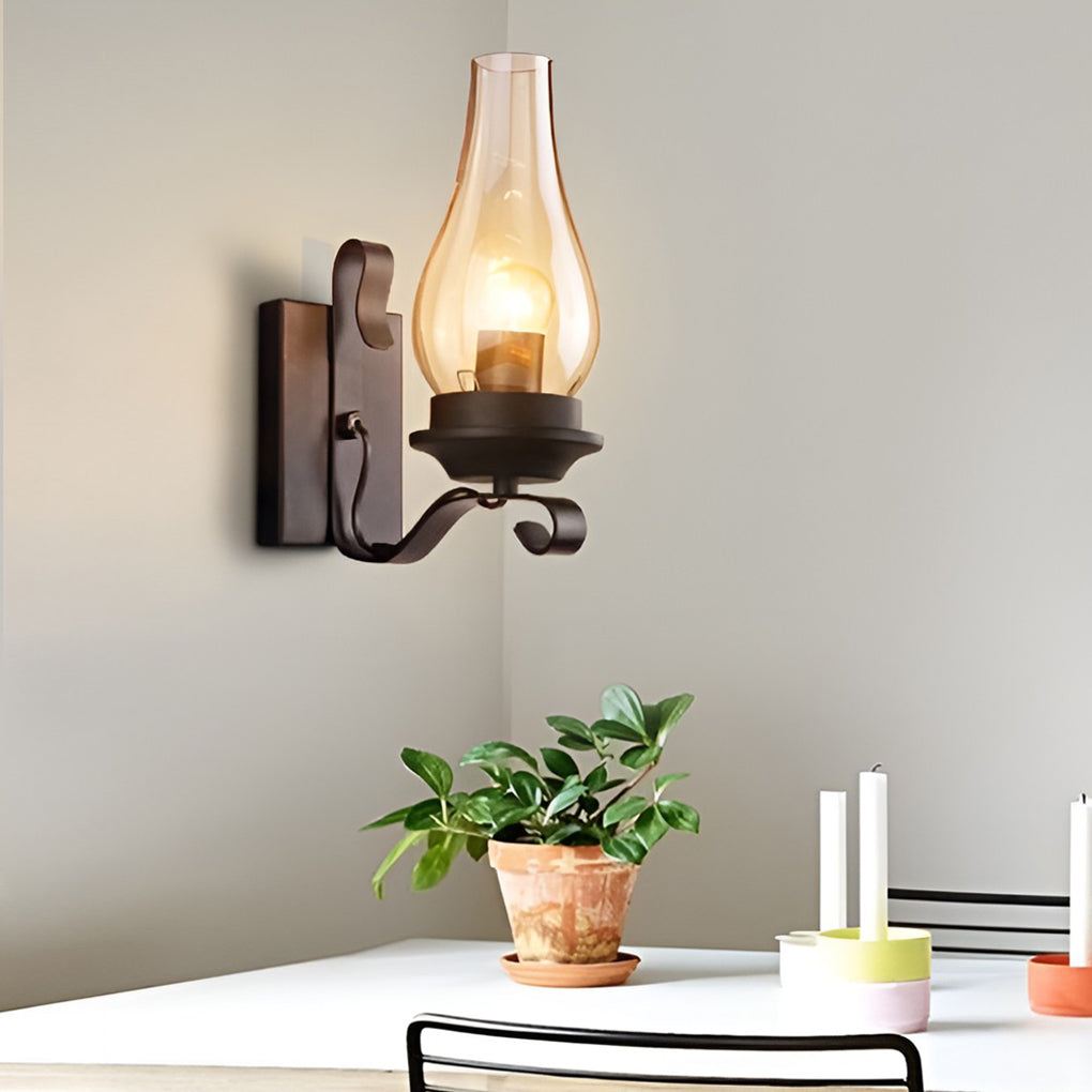 Hurricane wall light illuminating a chic café corner with ambient light.