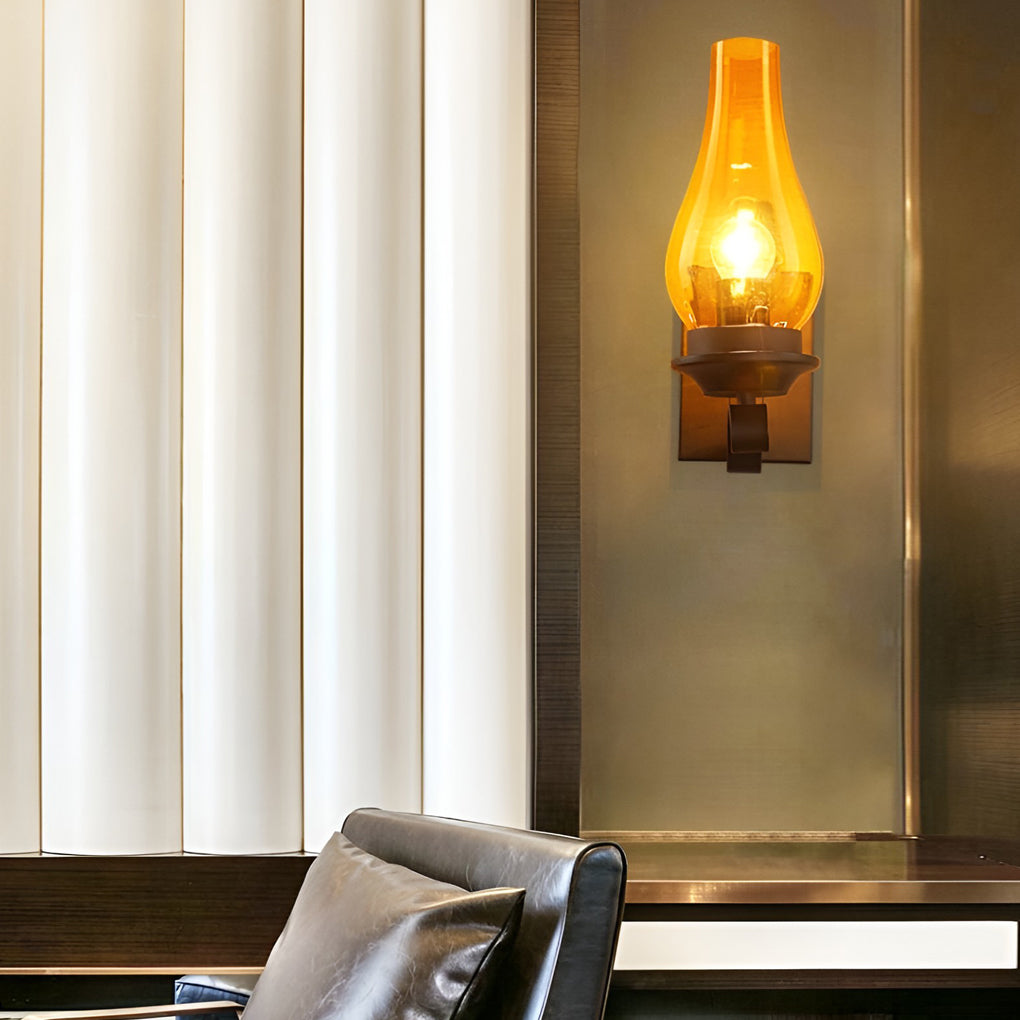 Hurricane wall light with close-up of the glass and bulb.