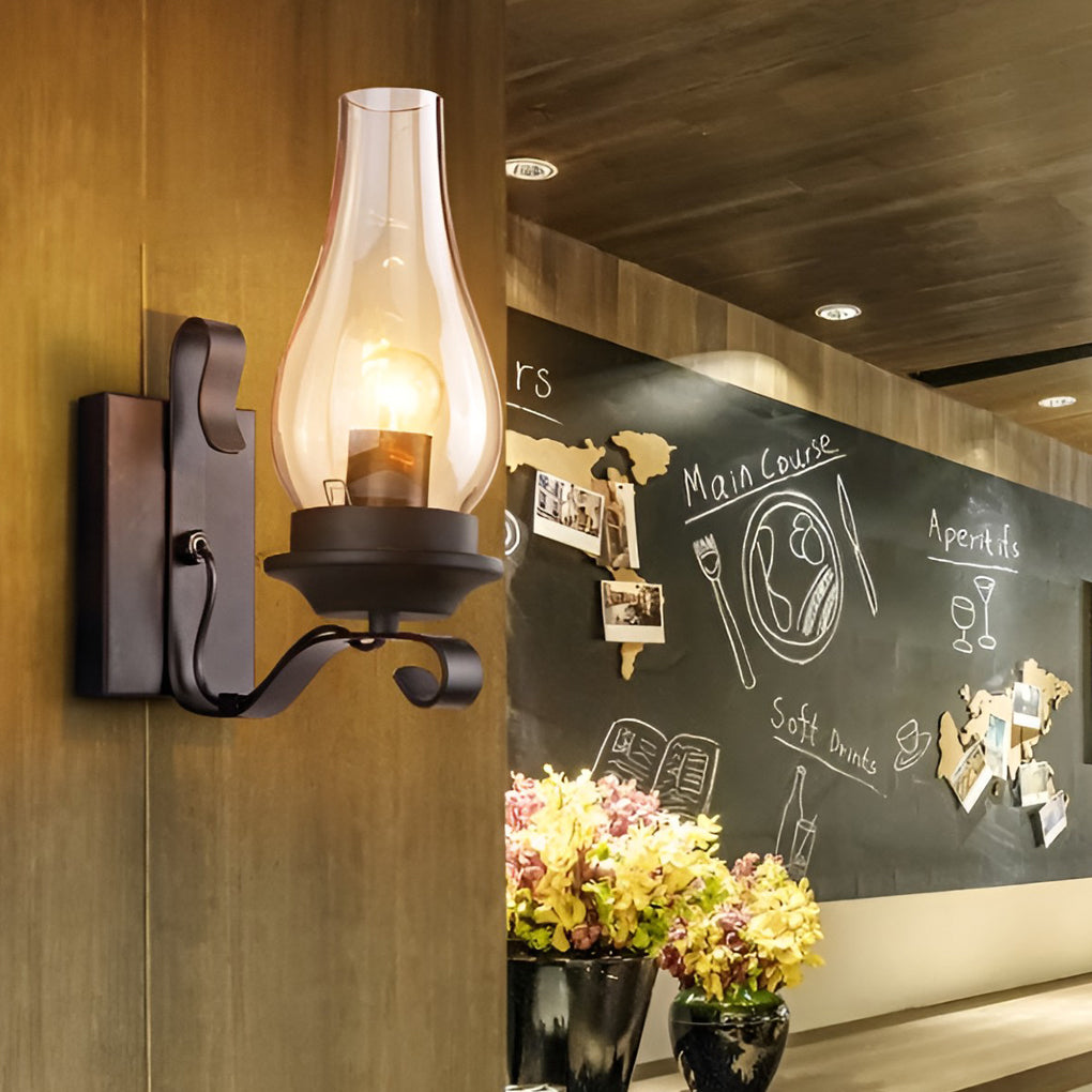 Hurricane wall light with close-up of its glass shade and light output.