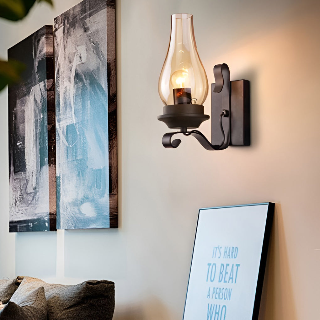 Hurricane wall light enhancing a modern dining area with warm light.