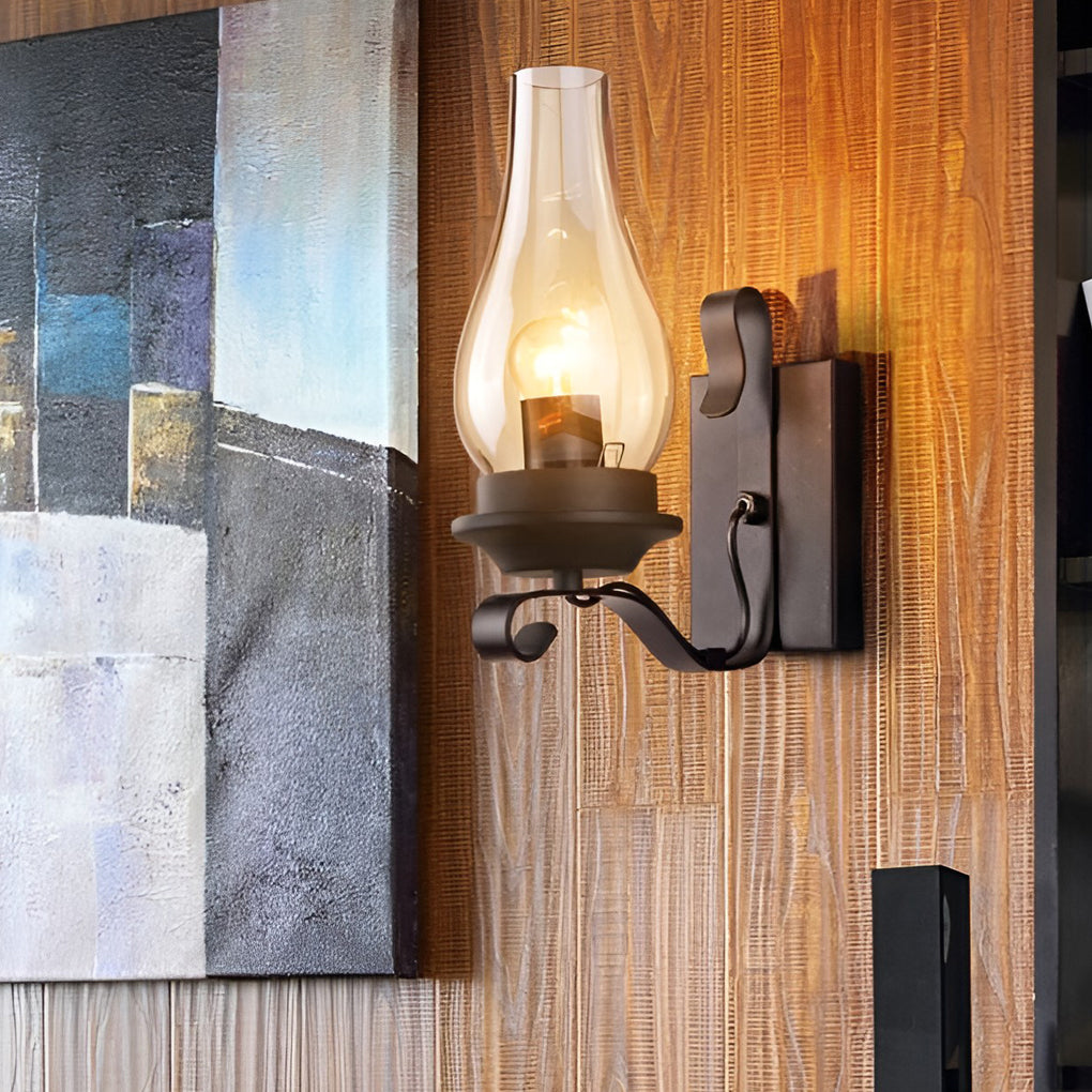 Hurricane wall light providing elegant illumination for a rustic-themed room.