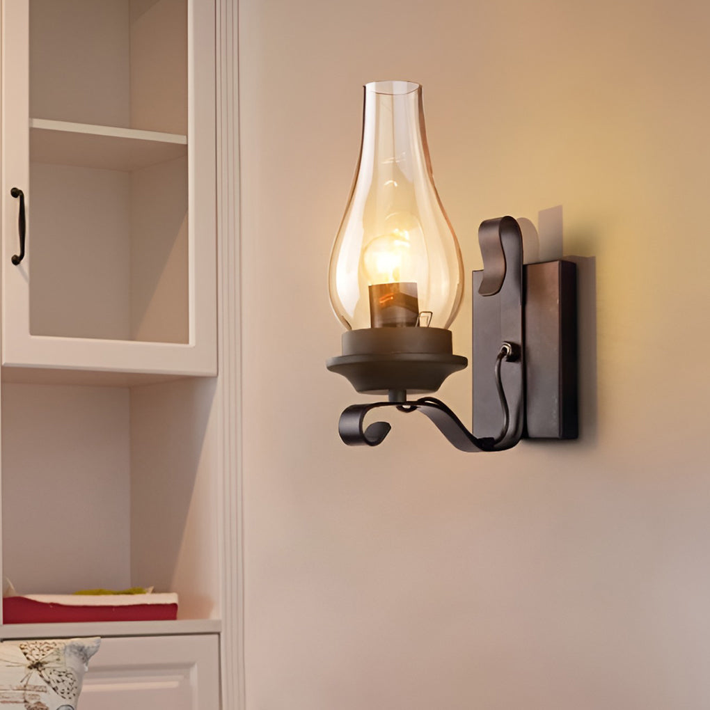 Hurricane wall light providing soft illumination in a stylish reading nook.