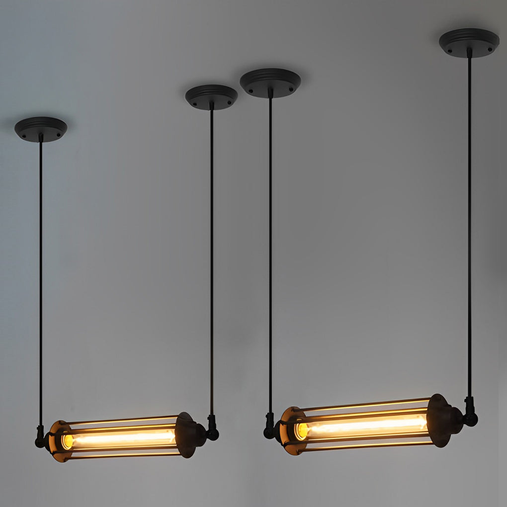Industrial style pendant light fixtures with adjustable cords and horizontal tube lights displayed against a neutral gray wall.