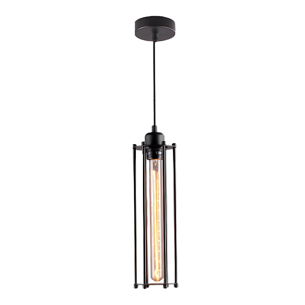 Industrial style pendant light fixtures product image showing a vertical hanging tube light isolated on a white background.