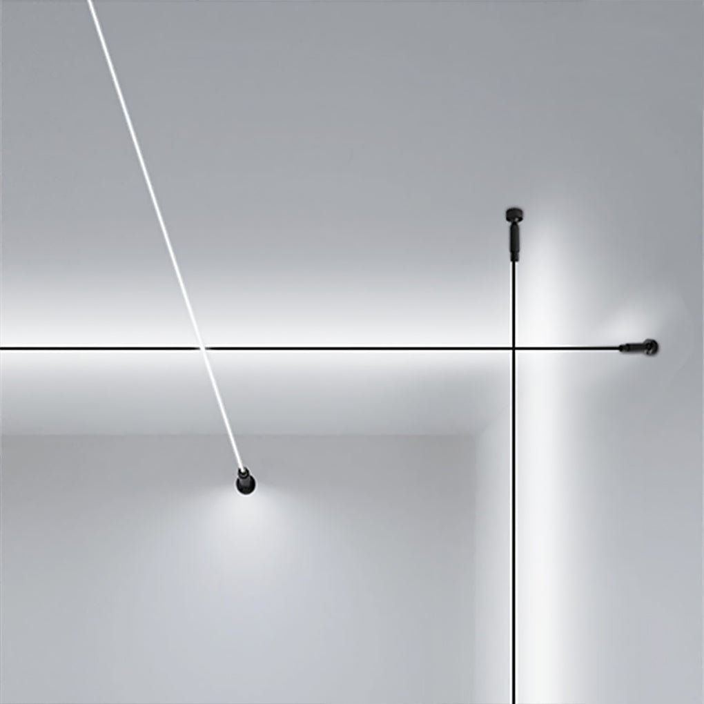 Intersecting black and glowing led lights strips for room mounted on a white wall and ceiling