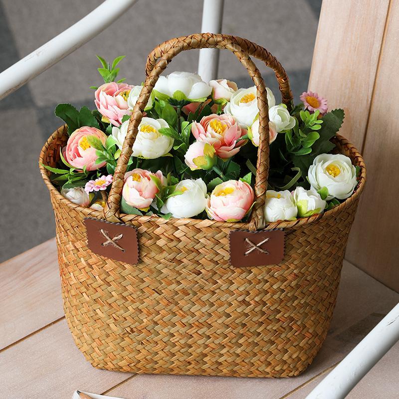 Rustic Natural Seagrass Woven Basket With Handle - dazuma
