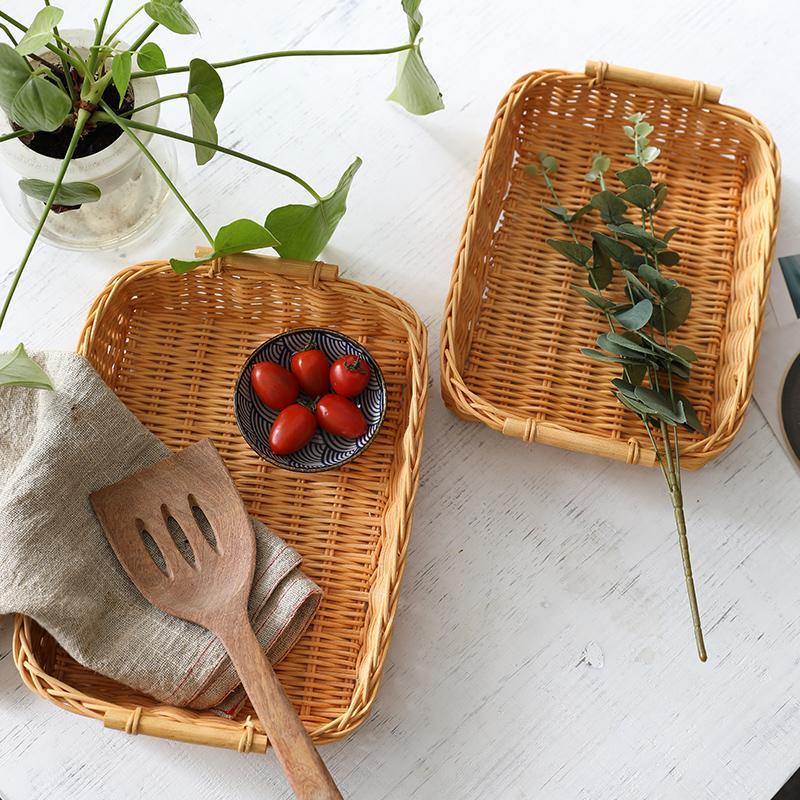 Rustic Round Rectangle Rattan Bread Serving Tray