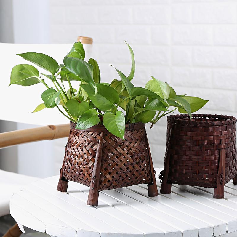 Farmhouse Dark Brown Bamboo Woven Round Floor Basket/Planters With Leg