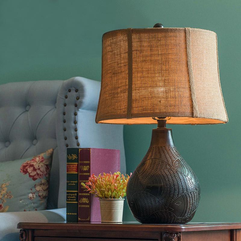 Vintage Farmhouse Brown Table Lamps Bedside Desk Light Drum Lampshade Reading Lamp LED Bedroom Reading Light Night Stand Lamps - Dazuma