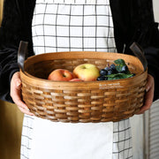 Rustic Semi - Oval Wood Fruit Basket with Handle