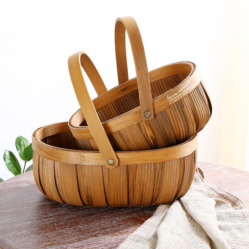 Multilayer wood Woven Basket with Handle - dazuma